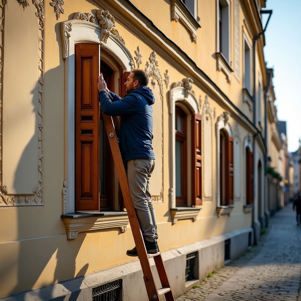 Fachowiec naprawiający okiennicę drewnianą na miejscu przy kamienicy